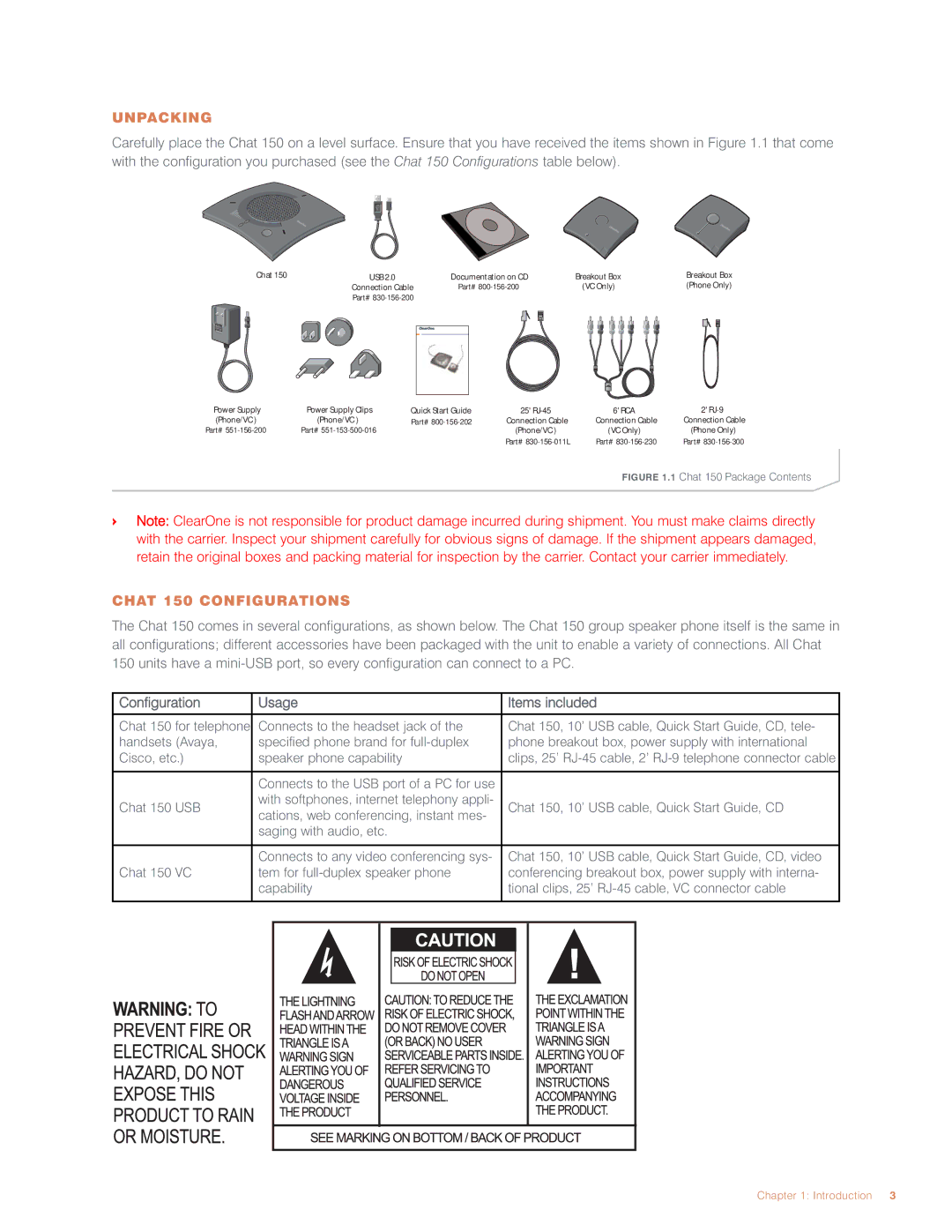 ClearOne comm CHAT 150 user manual Unpacking, Chat 150 Configurations 