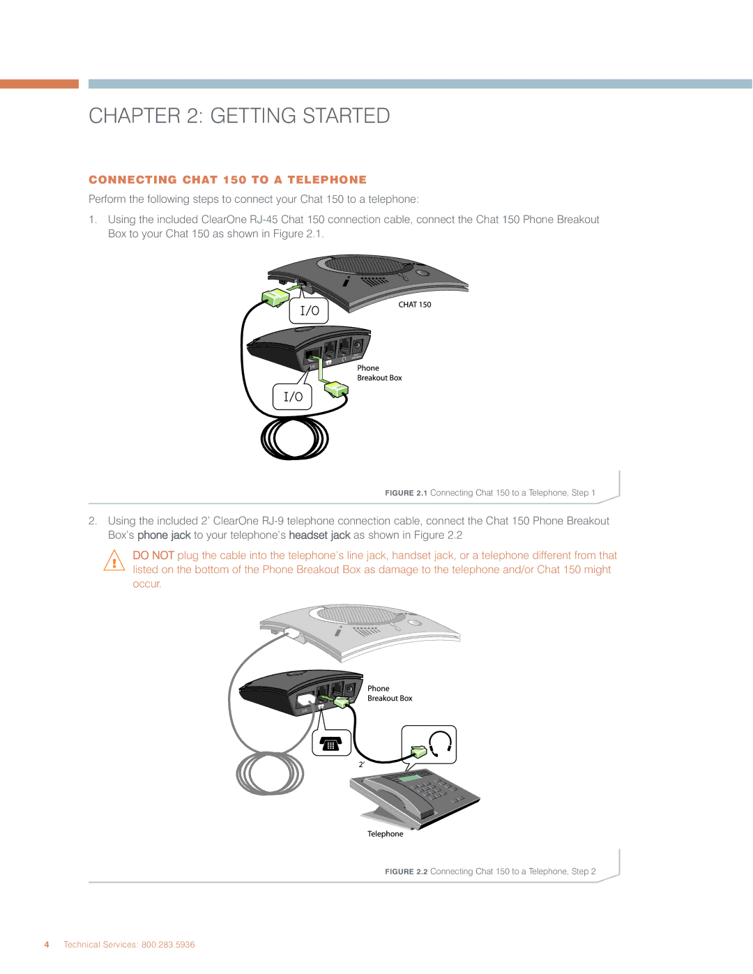 ClearOne comm CHAT 150 user manual Getting Started, Connecting Chat 150 to a Telephone 