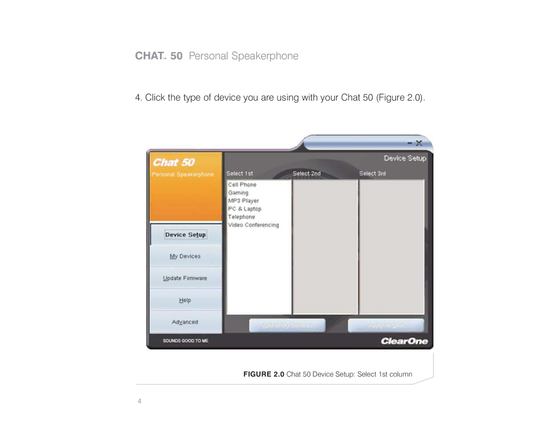 ClearOne comm quick start Chat 50 Device Setup Select 1st column 