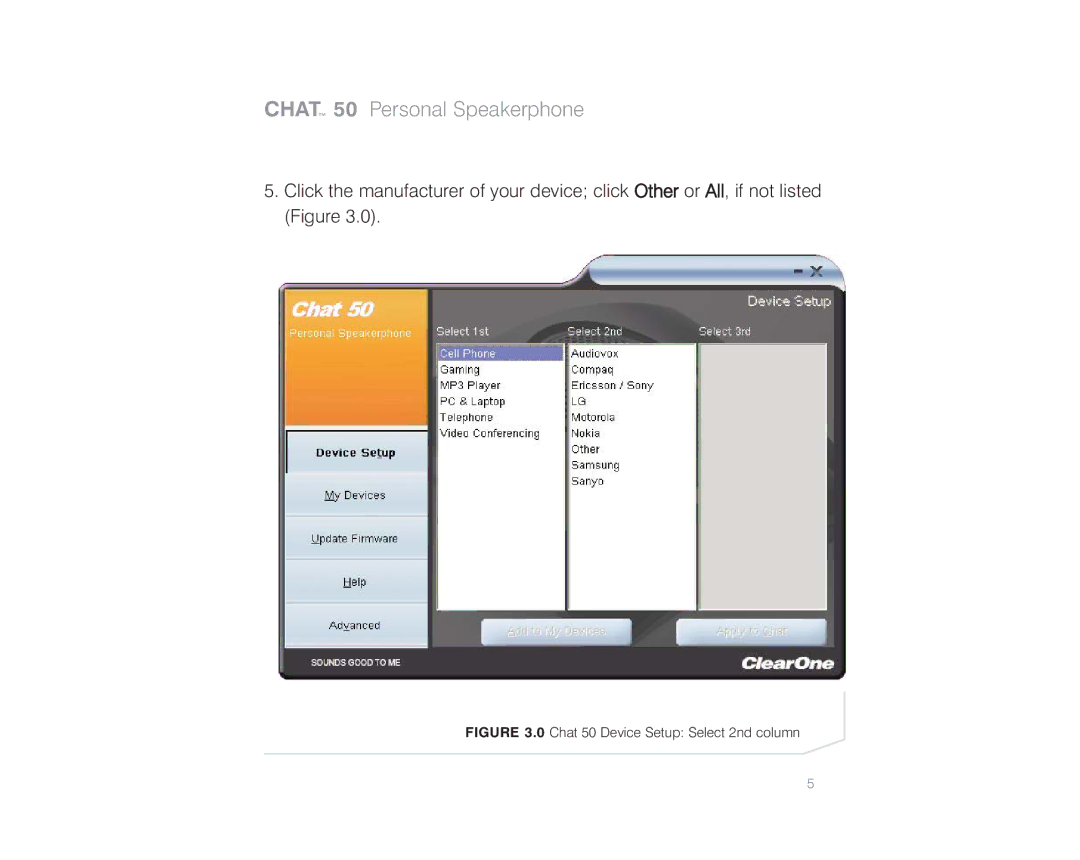 ClearOne comm quick start Chat 50 Device Setup Select 2nd column 