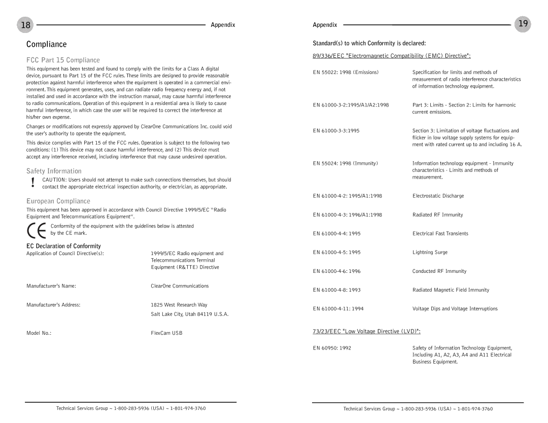 ClearOne comm FlexCam USB FCC Part 15 Compliance, Safety Information European Compliance, EC Declaration of Conformity 