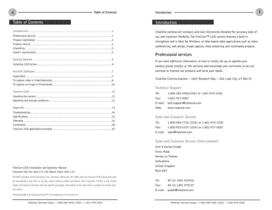 ClearOne comm FlexCam USB operation manual Table of Contents, Introduction 