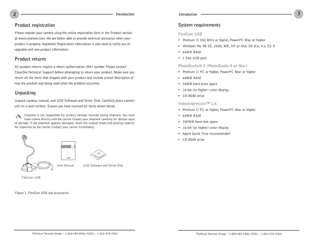 ClearOne comm FlexCam USB operation manual Product registration Product returns, Unpacking, System requirements 