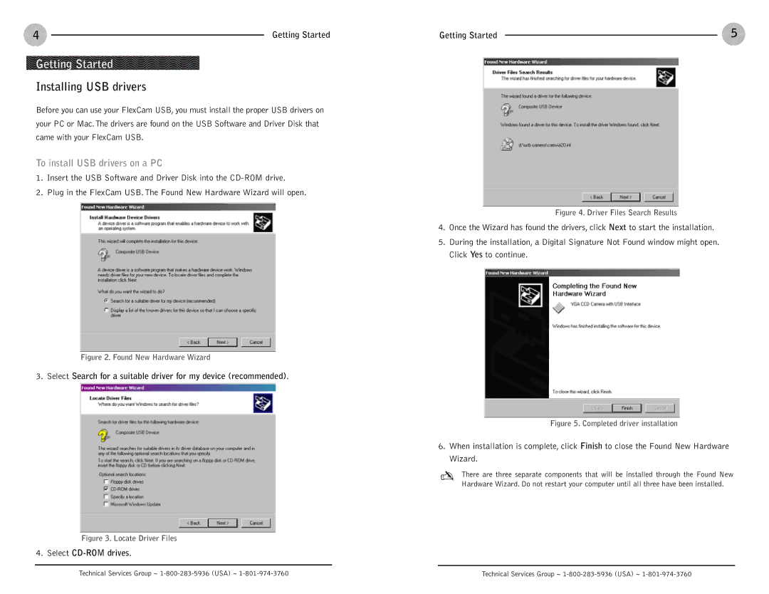 ClearOne comm FlexCam USB operation manual Getting Started, Installing USB drivers, To install USB drivers on a PC 