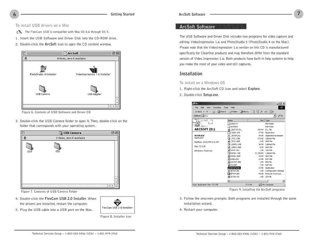 ClearOne comm FlexCam USB ArcSoft Software, Installation, To install USB drivers on a Mac, To install on a Windows OS 