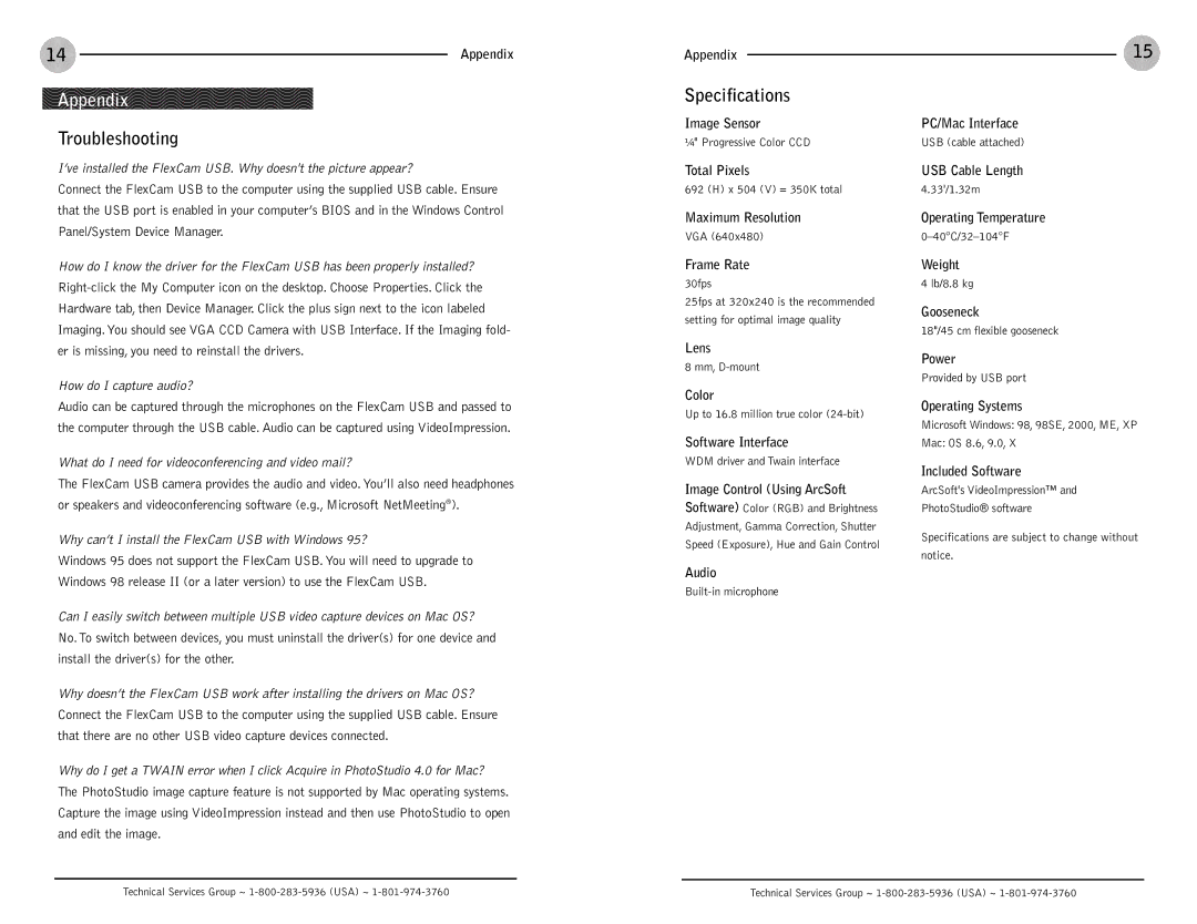ClearOne comm FlexCam USB operation manual Appendix, Troubleshooting, Specifications 