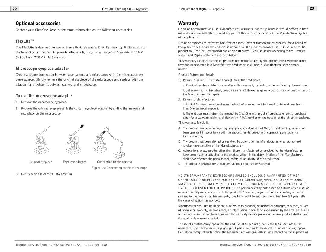 ClearOne comm FlexCam user manual Optional accessories, Warranty, FlexLiteTM, Microscope eyepiece adapter 