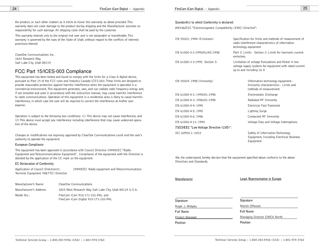 ClearOne comm FlexCam user manual FCC Part 15/ICES-003 Compliance, European Compliance 