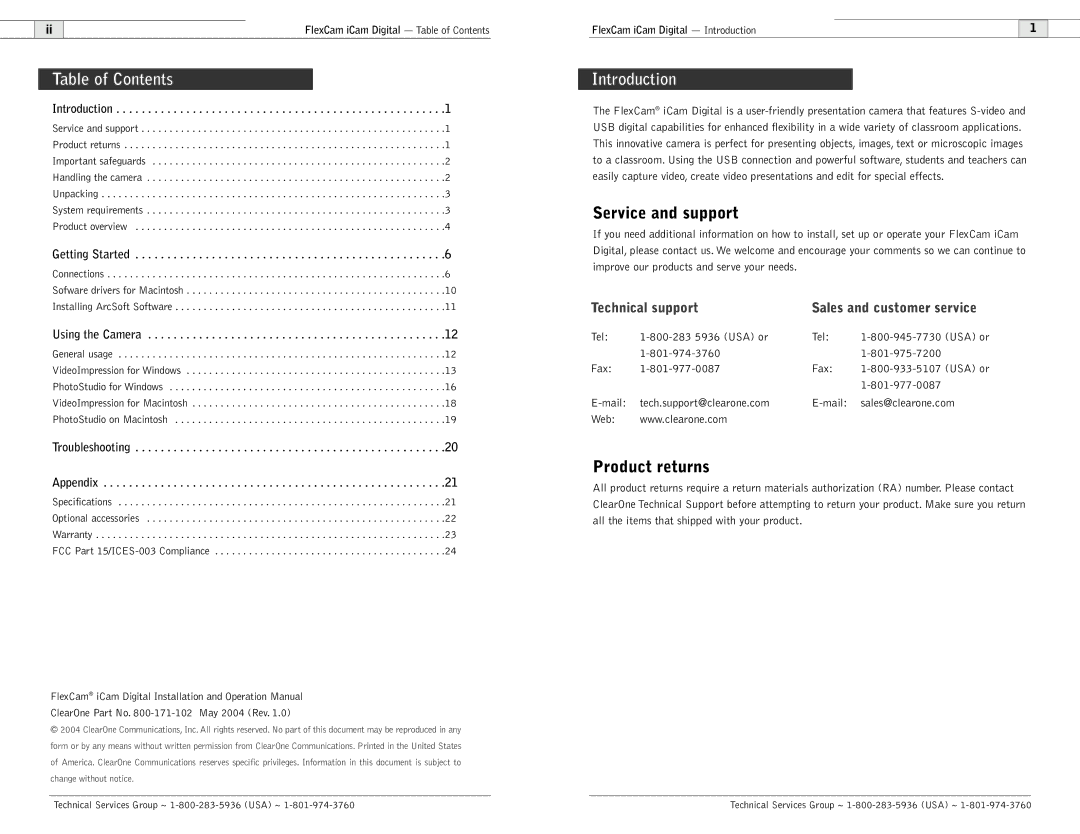 ClearOne comm FlexCam user manual Table of Contents, Introduction 