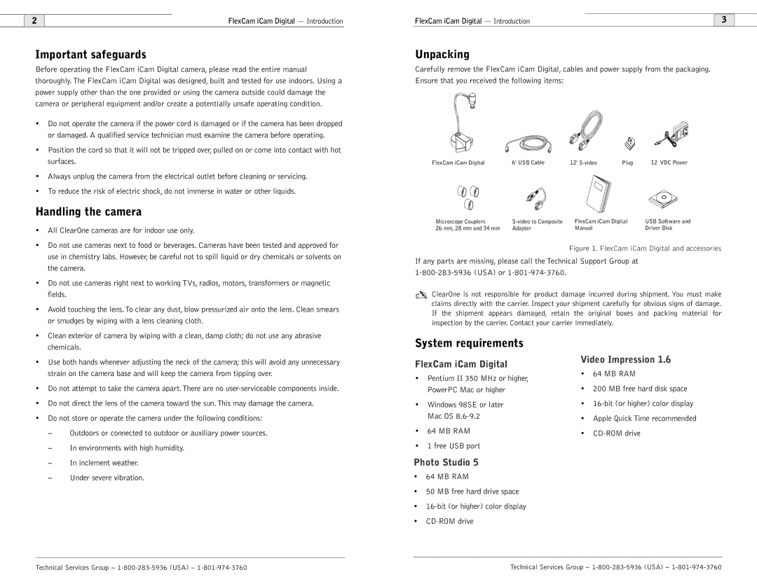 ClearOne comm FlexCam user manual Important safeguards, Handling the camera, Unpacking, System requirements 