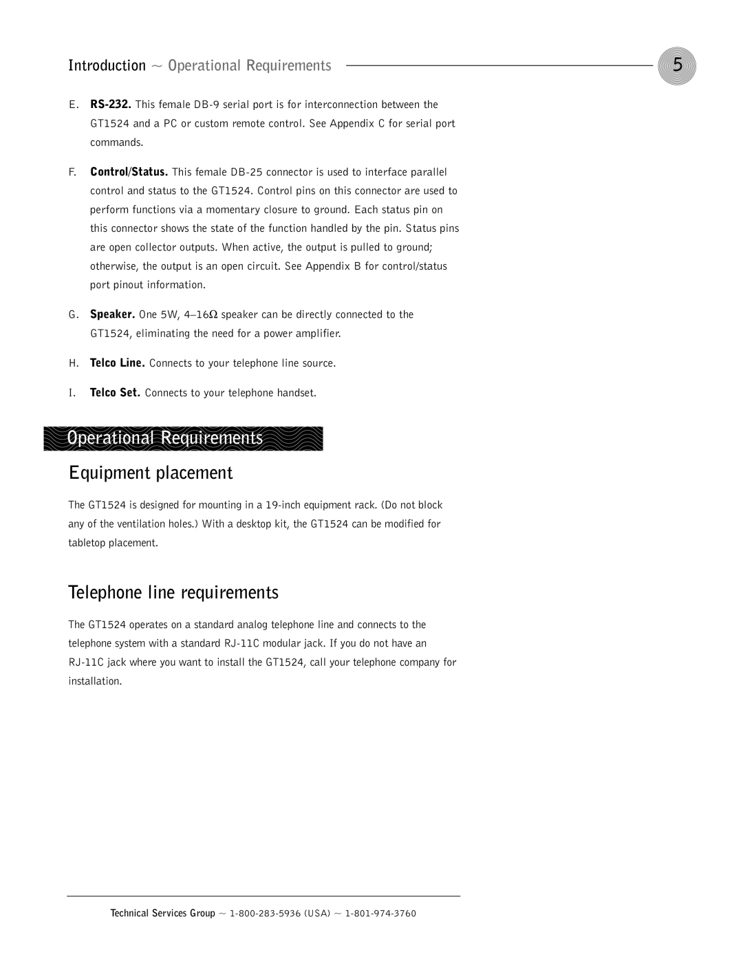 ClearOne comm GT1524 operation manual Operational Requirements, Equipment placement, Telephone line requirements 