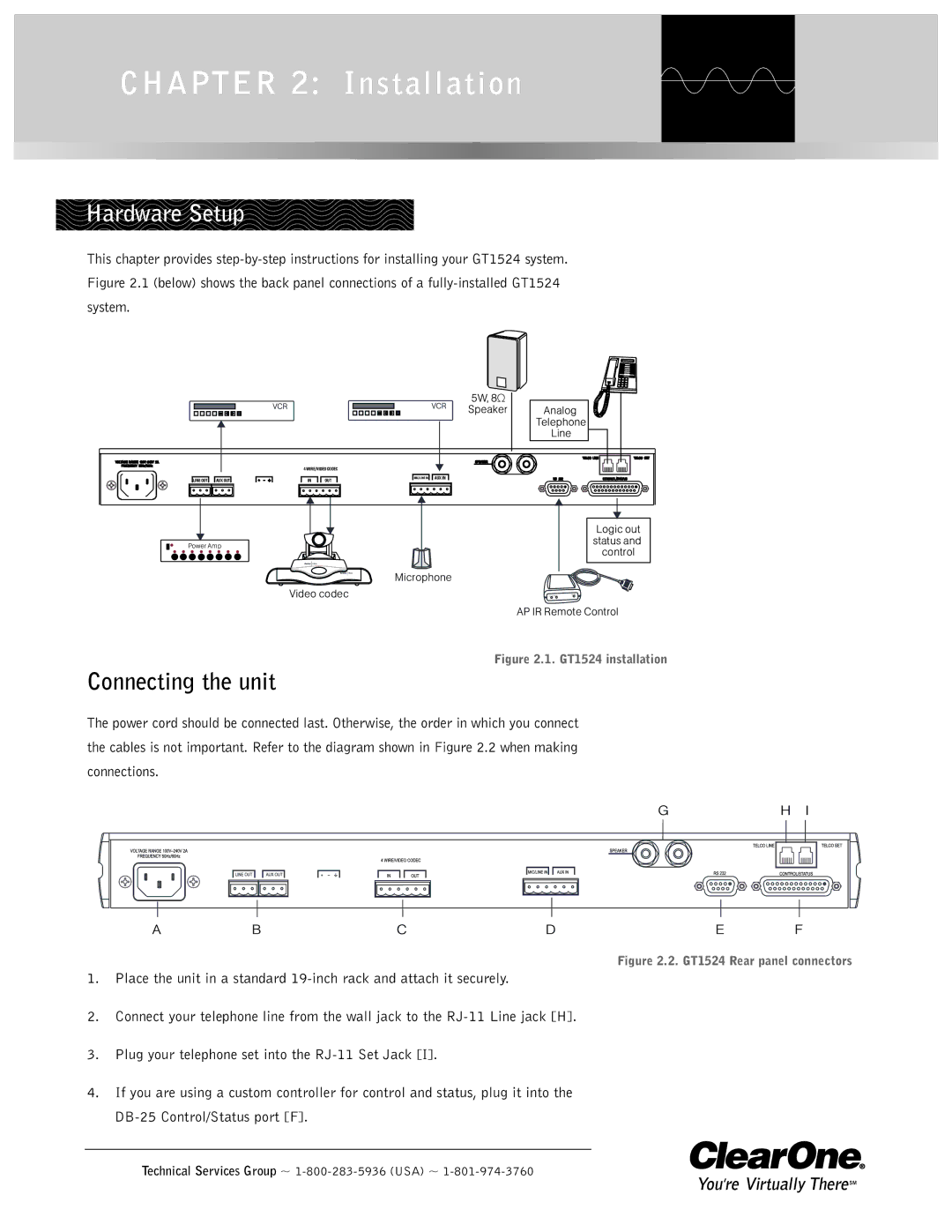 ClearOne comm GT1524 operation manual Hardware Setup, Connecting the unit 