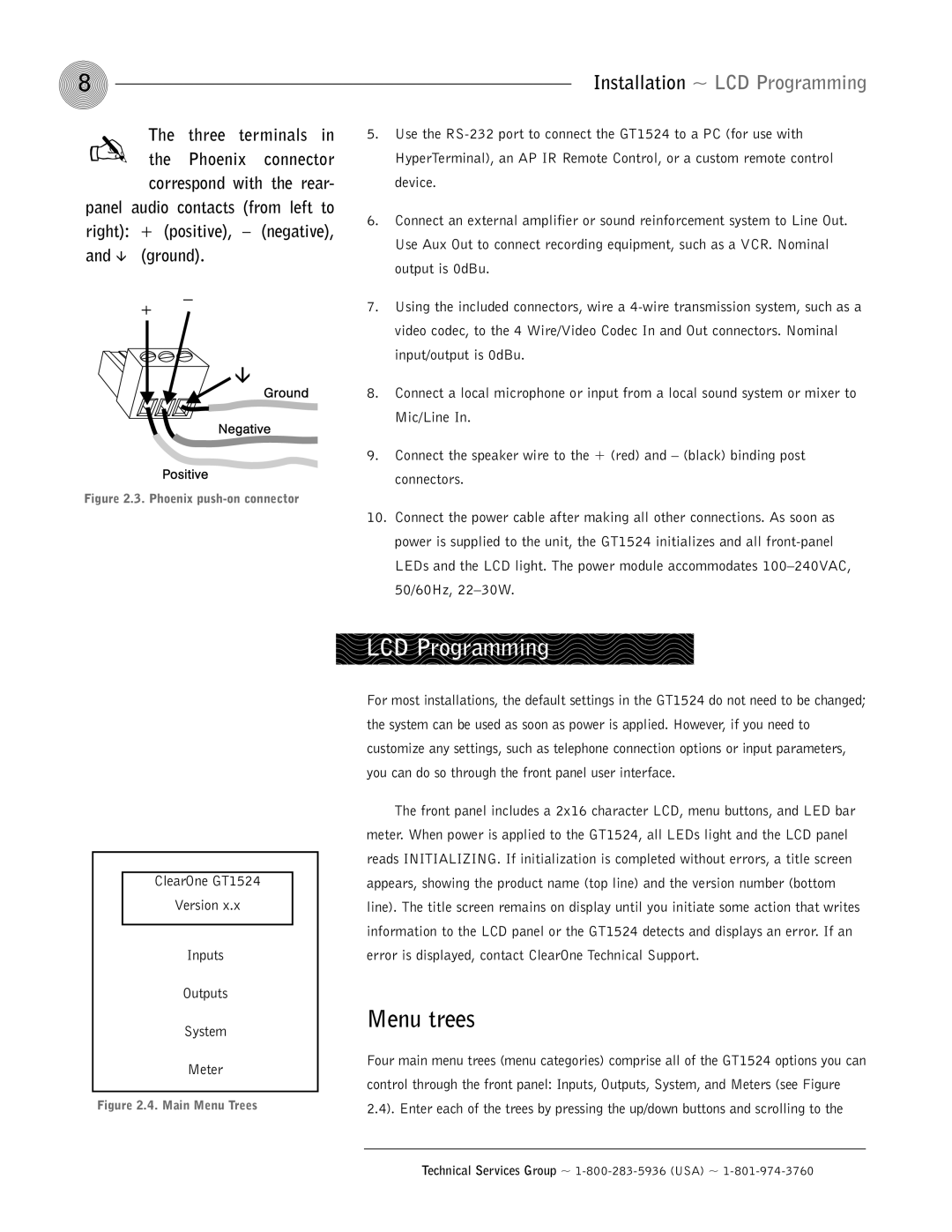 ClearOne comm GT1524 operation manual LCD Programming, Menu trees 