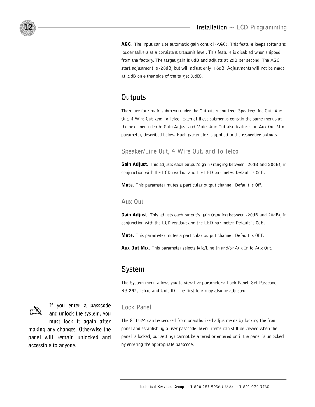 ClearOne comm GT1524 operation manual Outputs, System, Speaker/Line Out, 4 Wire Out, and To Telco, Aux Out, Lock Panel 