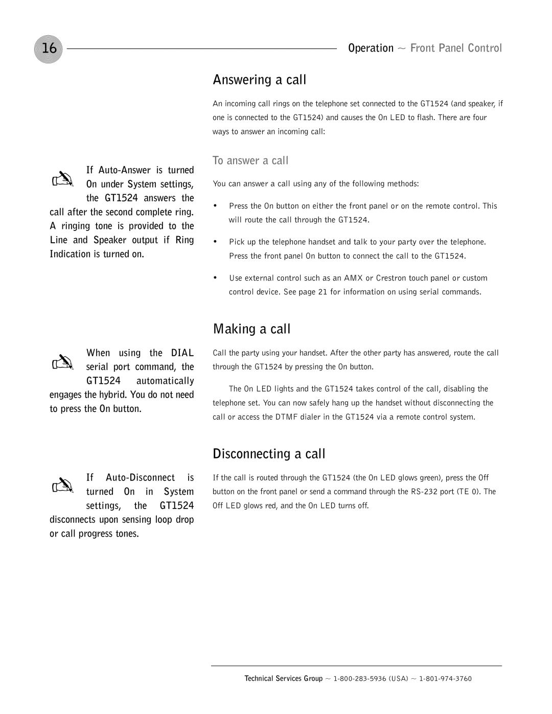 ClearOne comm GT1524 Answering a call, Making a call, Disconnecting a call, Operation ~ Front Panel Control 