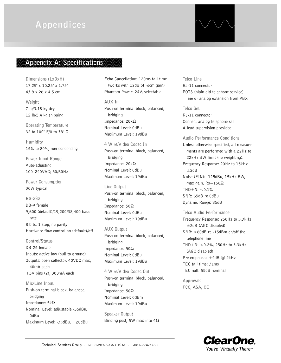 ClearOne comm GT1524 operation manual Appendices, Appendix a Specifications 