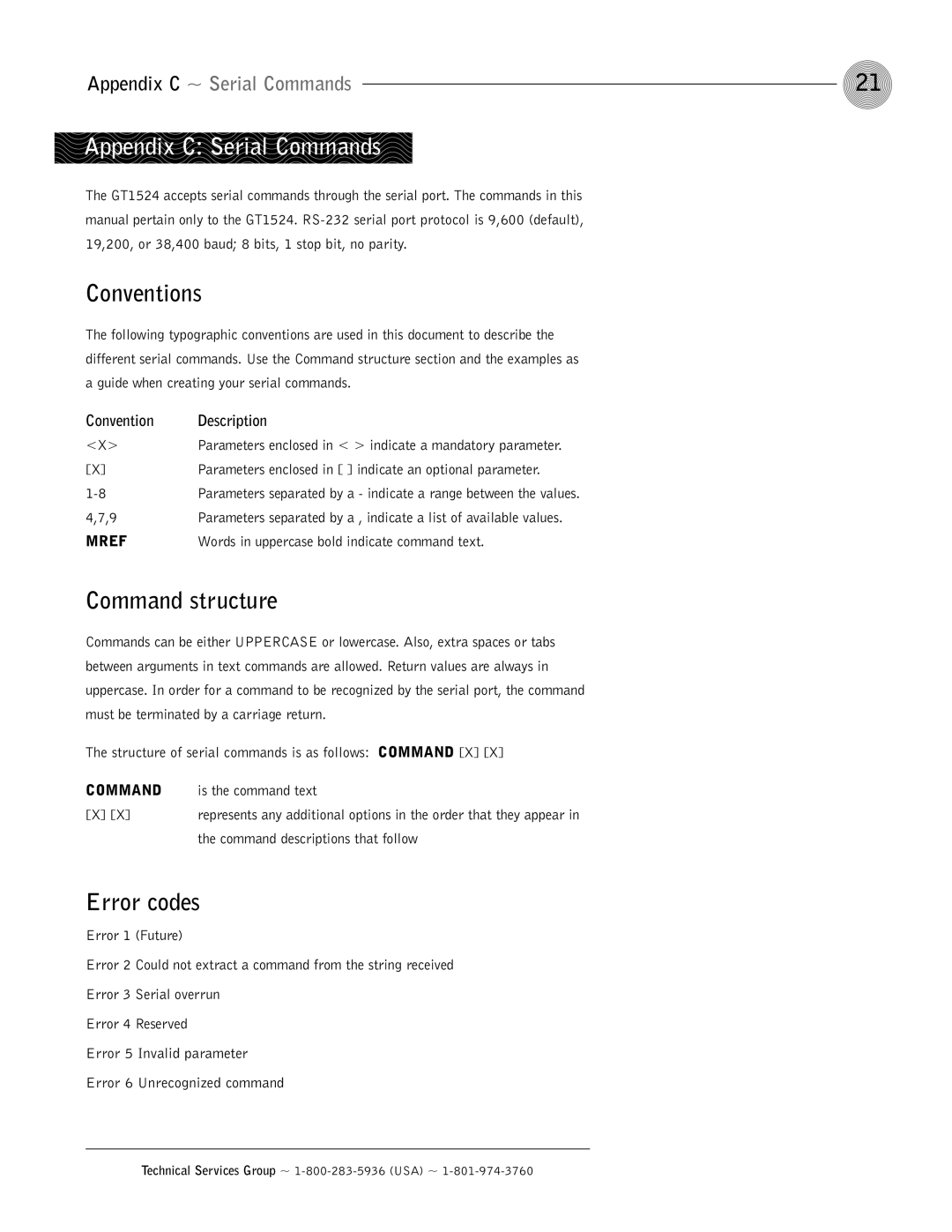 ClearOne comm GT1524 Appendix C Serial Commands, Conventions, Command structure, Error codes, Appendix C ~ Serial Commands 