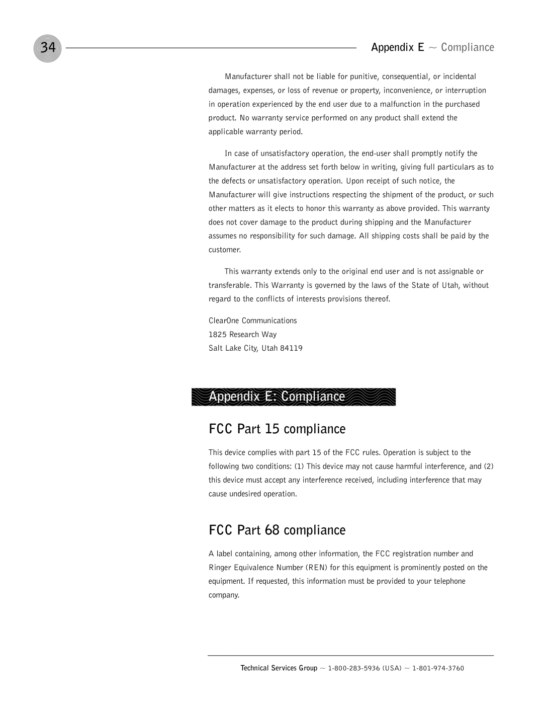 ClearOne comm GT1524 operation manual Appendix E Compliance, FCC Part 15 compliance, FCC Part 68 compliance 