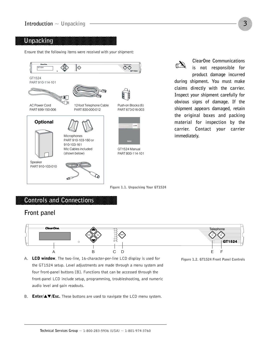 ClearOne comm GT1524 operation manual Unpacking, Controls and Connections, Front panel 