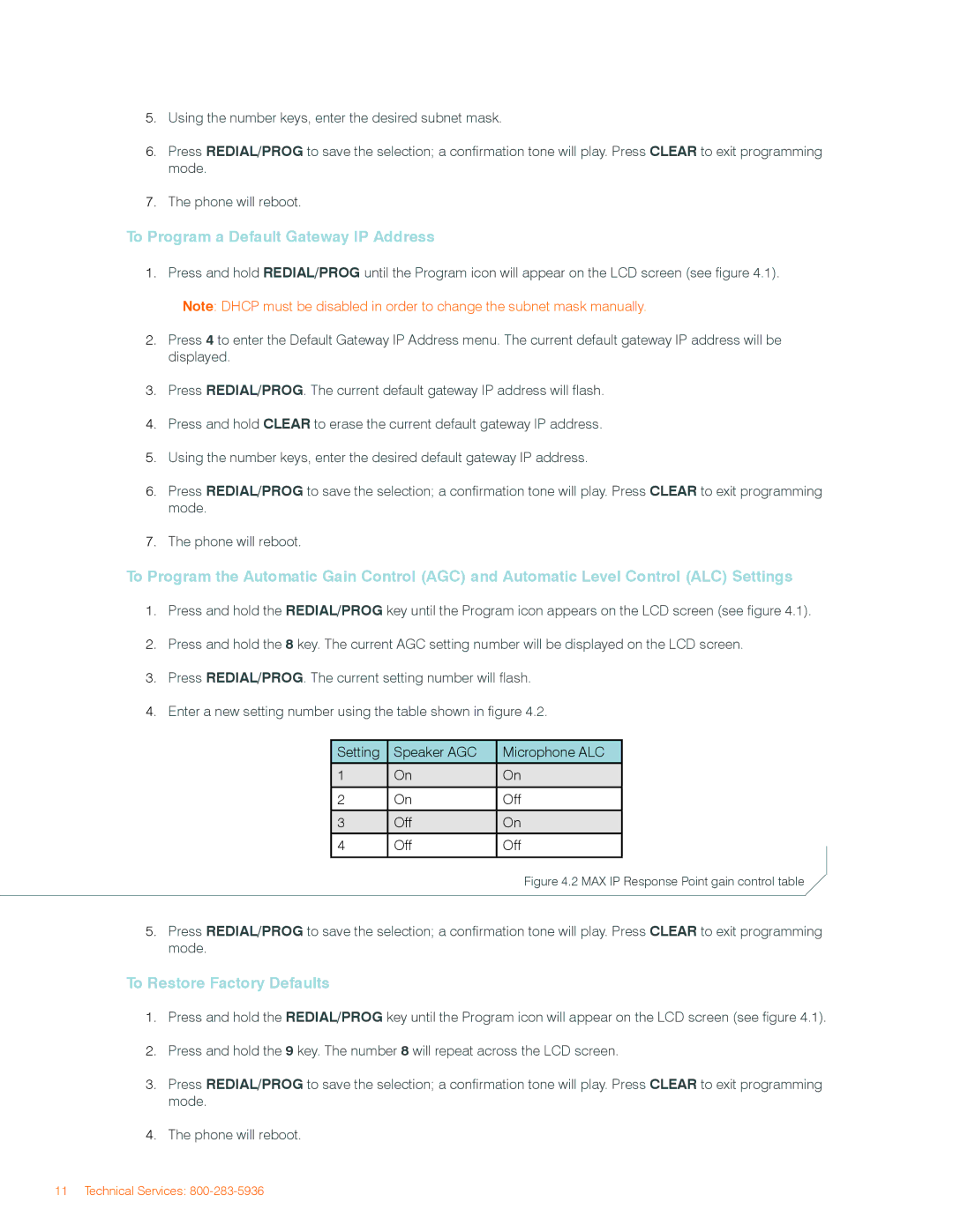 ClearOne comm IP Response Point manual To Program a Default Gateway IP Address, To Restore Factory Defaults 