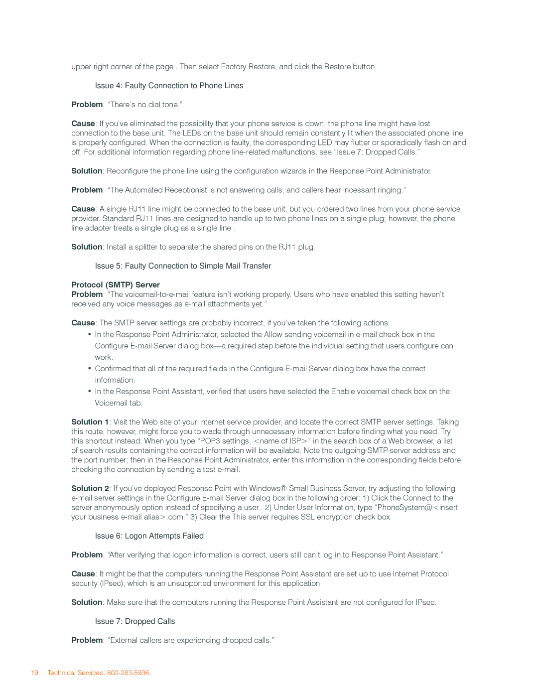 ClearOne comm IP Response Point Issue 4 Faulty Connection to Phone Lines, Protocol Smtp Server, Issue 7 Dropped Calls 