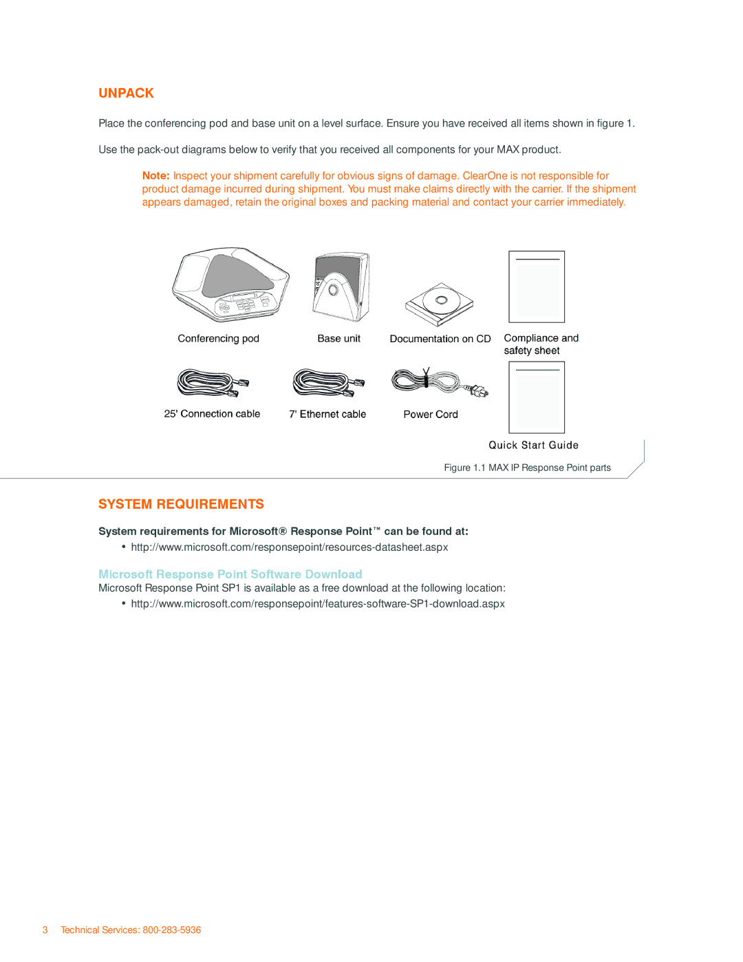 ClearOne comm IP Response Point manual Unpack, System Requirements, Microsoft Response Point Software Download 