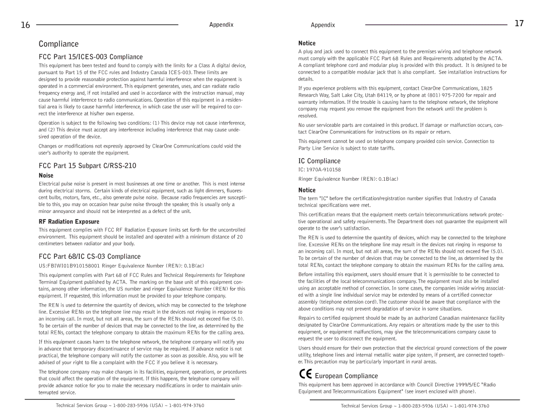 ClearOne comm Max Wireless operation manual Compliance 