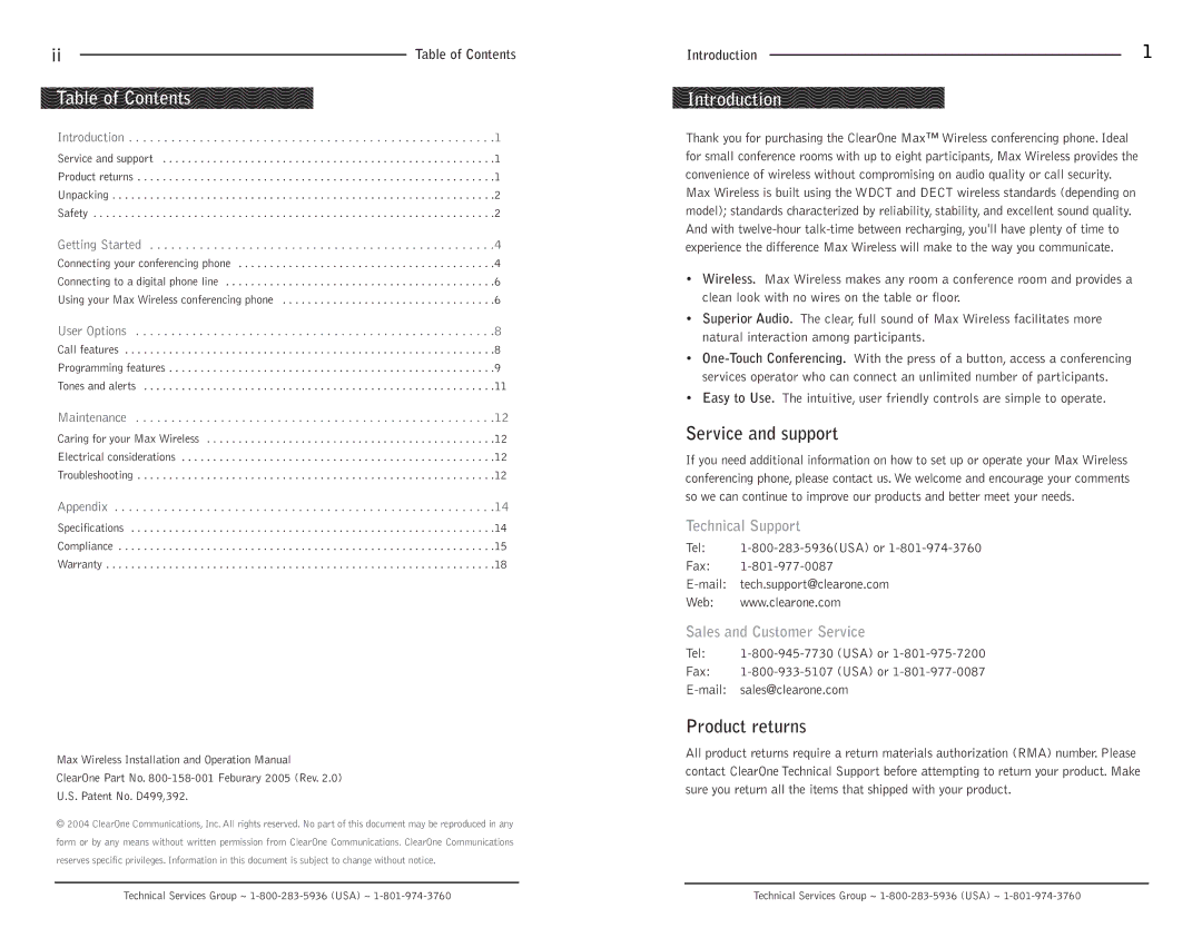 ClearOne comm Max Wireless operation manual Table of Contents, Introduction 