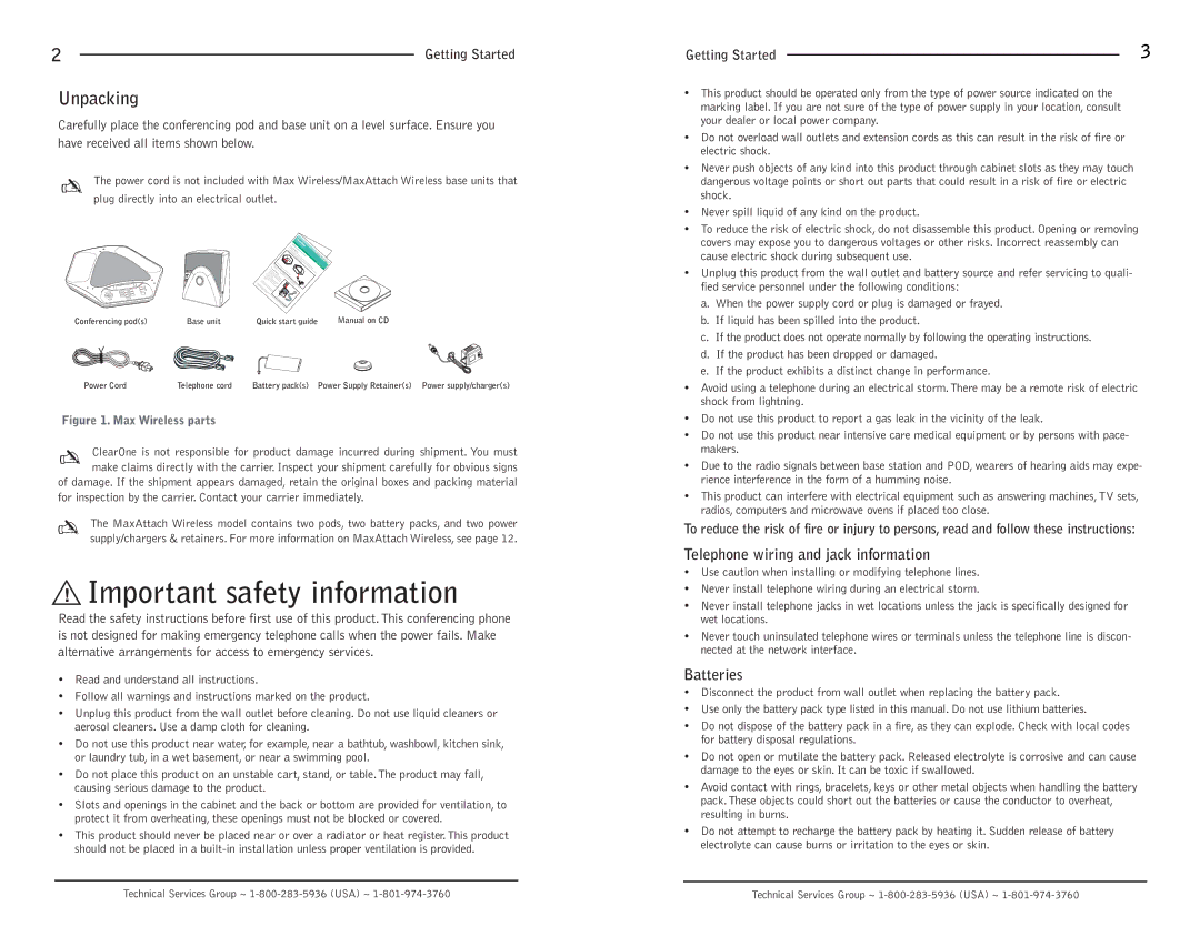 ClearOne comm Max Wireless operation manual Unpacking, Telephone wiring and jack information, Batteries 