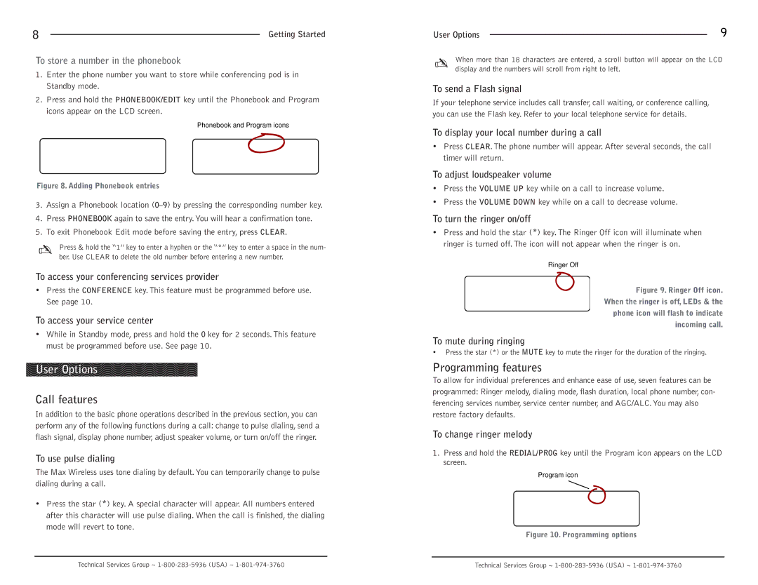 ClearOne comm Max Wireless operation manual User Options, Call features, Programming features 