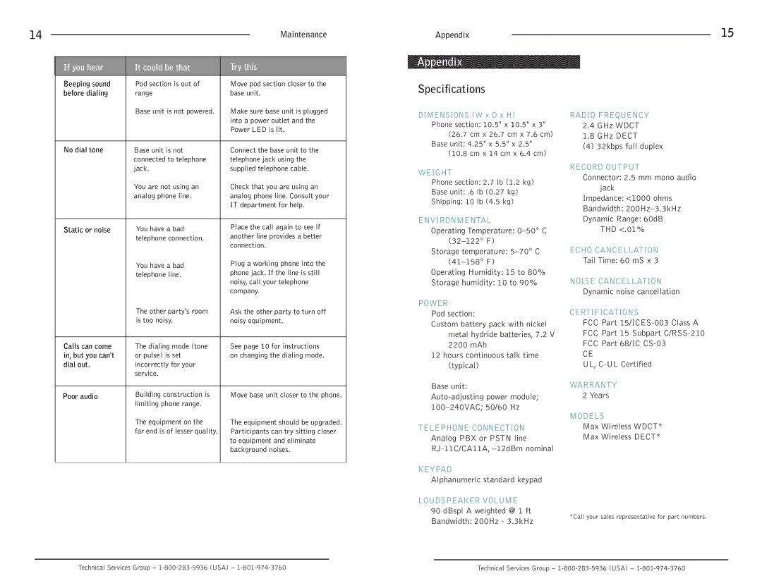 ClearOne comm Max Wireless operation manual Appendix, Specifications 