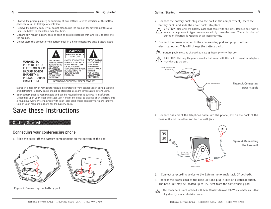 ClearOne comm Max Wireless operation manual Save these instructions, Getting Started, Connecting your conferencing phone 