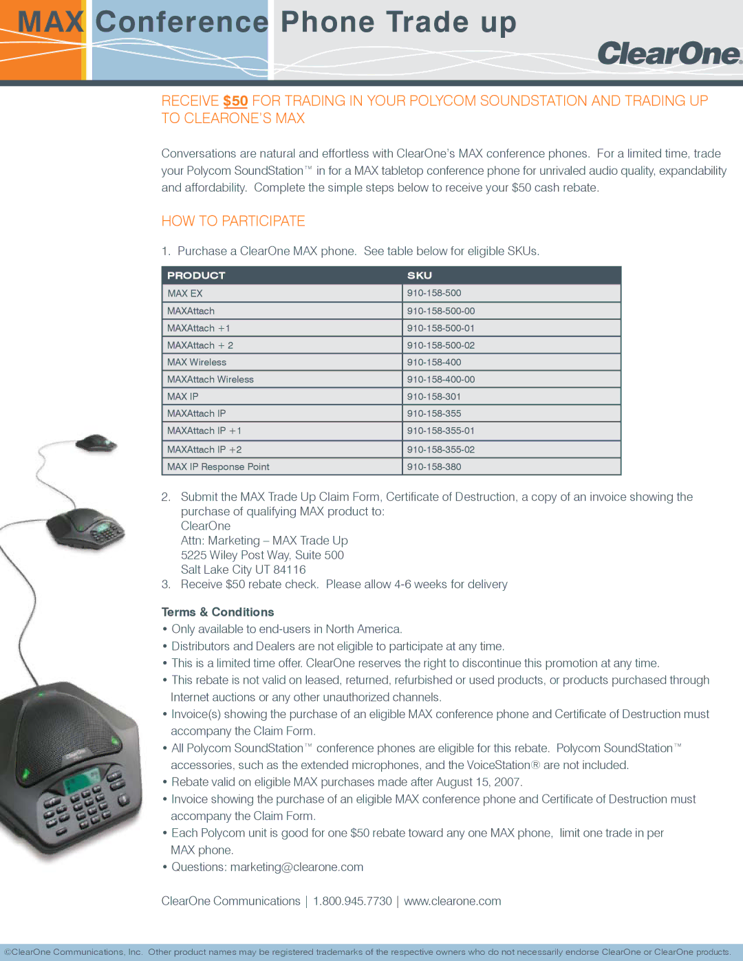 ClearOne comm MAXAttach IP +2 manual MAX Conference Phone Trade up, HOW to Participate, Terms & Conditions, Product SKU 