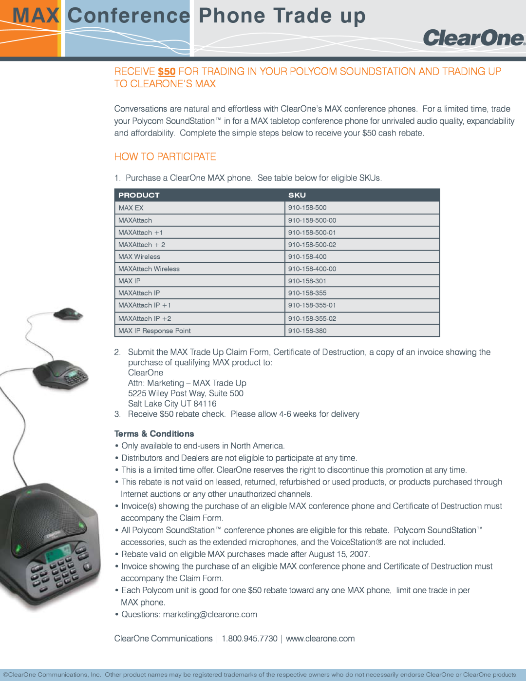 ClearOne comm MAXAttach IP +2, MAXAttach +1 manual MAX Conference Phone Trade up, How To Participate, Terms & Conditions 