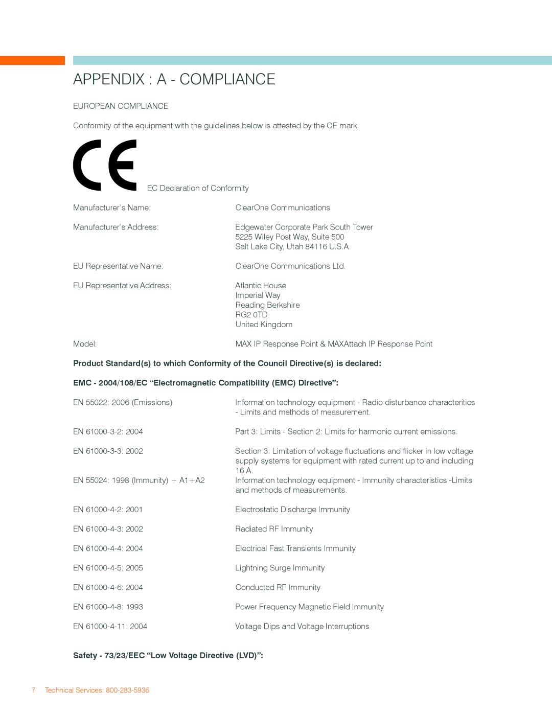 ClearOne comm MAXAttach IP user manual Appendix a Compliance, Safety 73/23/EEC Low Voltage Directive LVD 