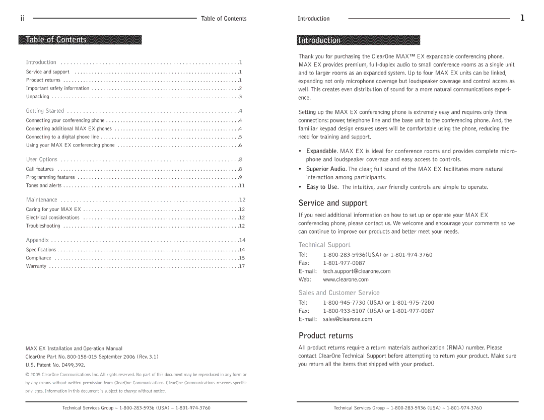 ClearOne comm MAXTM EX Telephone operation manual Table of Contents, Introduction 