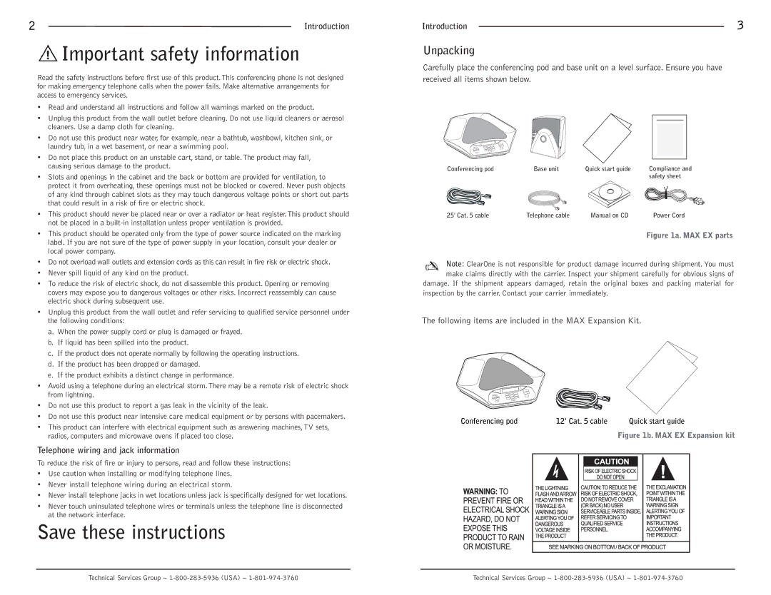 ClearOne comm MAXTM EX Telephone operation manual Important safety information, Unpacking 