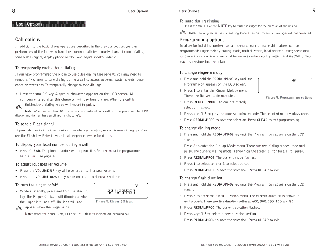 ClearOne comm MAXTM EX Telephone operation manual User Options, Call options, Programming options 