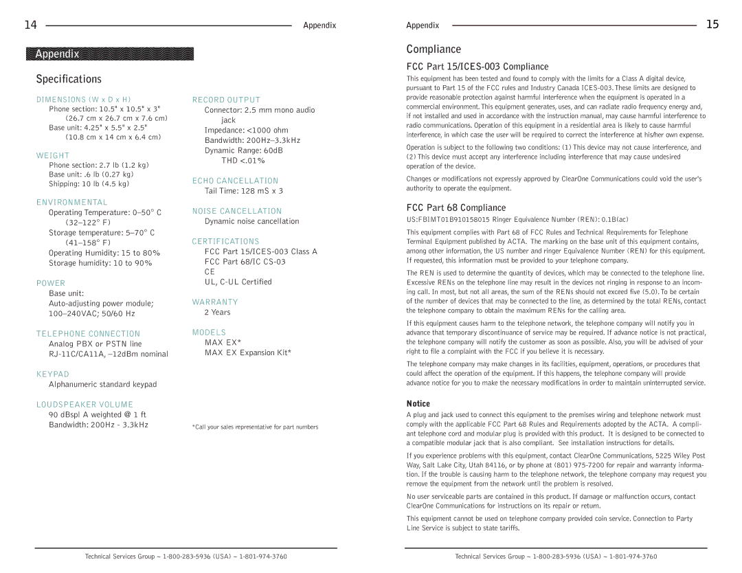 ClearOne comm MAXTM EX Telephone Appendix, Specifications, FCC Part 15/ICES-003 Compliance, FCC Part 68 Compliance 