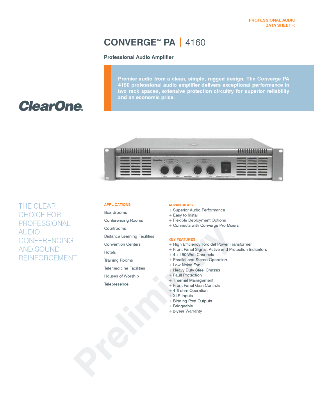 ClearOne comm PA 4160 warranty Clear, Choice for, Professional, Audio, Conferencing, Sound, Reinforcement 