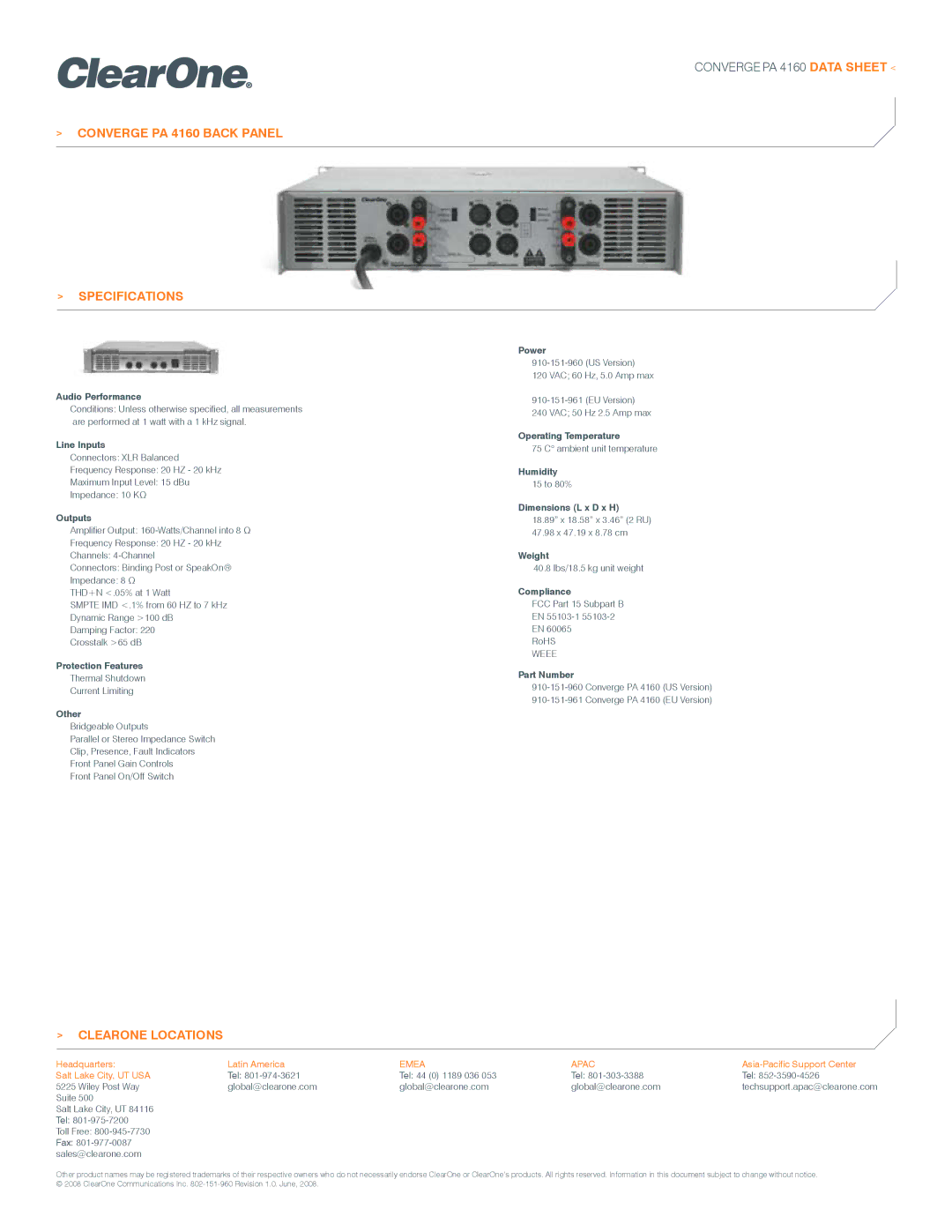 ClearOne comm warranty Converge PA 4160 Back Panel Specifications, Clearone Locations 