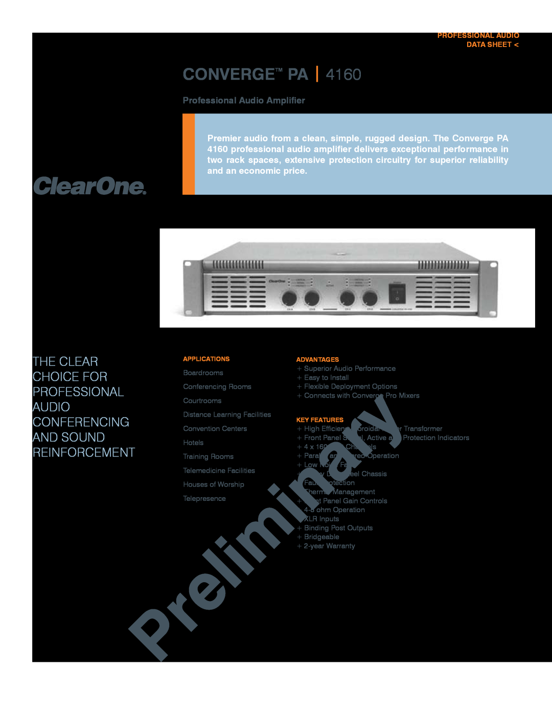 ClearOne comm PA 4160 warranty PROFESSIONAL Audio DATA SHEET, Convergetm Pa, The Clear, Choice For, Professional 