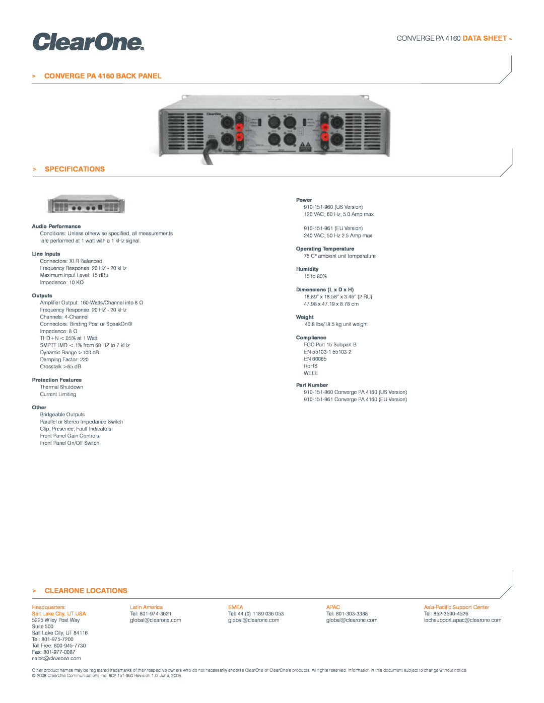 ClearOne comm CONVERGE PA 4160 BACK PANEL SPECIFICATIONS, Clearone Locations, Headquarters, Latin America, Emea, Apac 