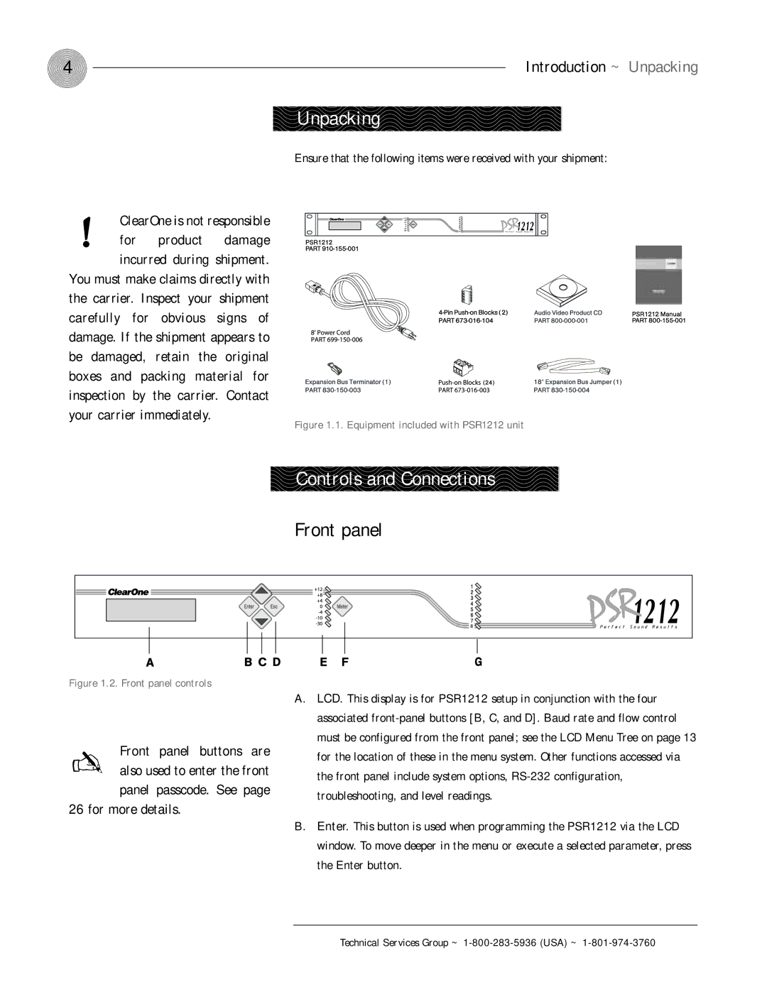 ClearOne comm PSR1212 operation manual Unpacking, Controls and Connections, Front panel 