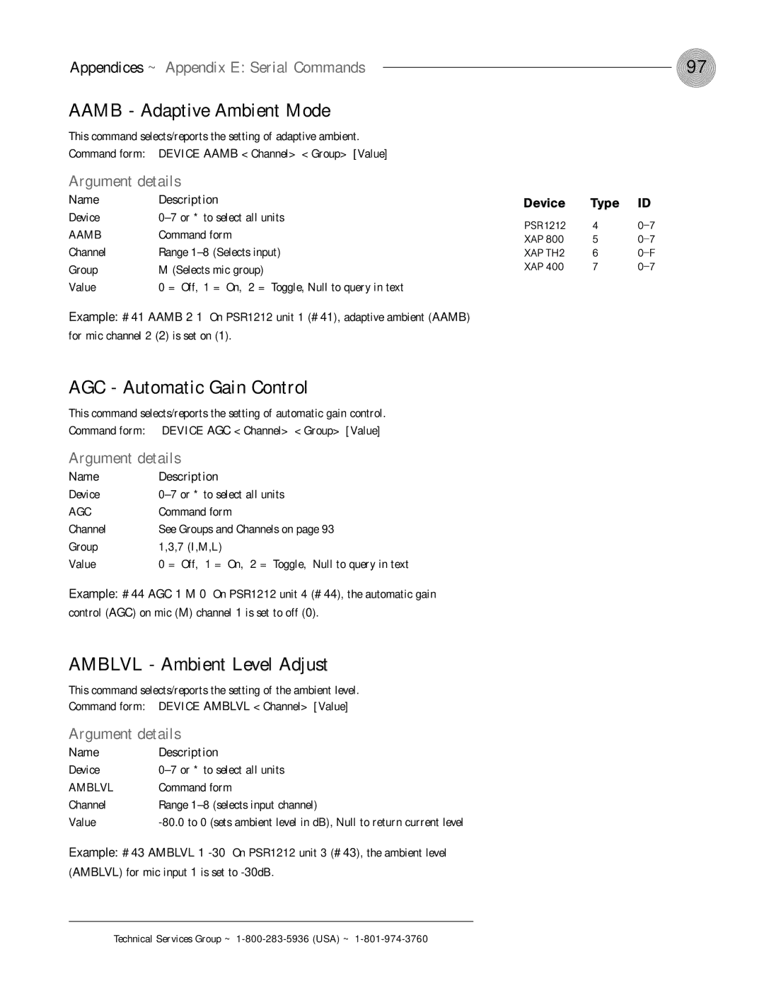 ClearOne comm PSR1212 operation manual Aamb Adaptive Ambient Mode, AGC Automatic Gain Control, Amblvl Ambient Level Adjust 