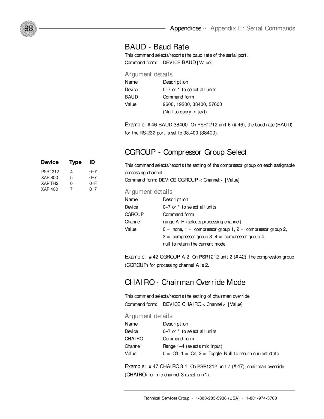 ClearOne comm PSR1212 operation manual Baud Baud Rate, Cgroup Compressor Group Select, Chairo Chairman Override Mode 