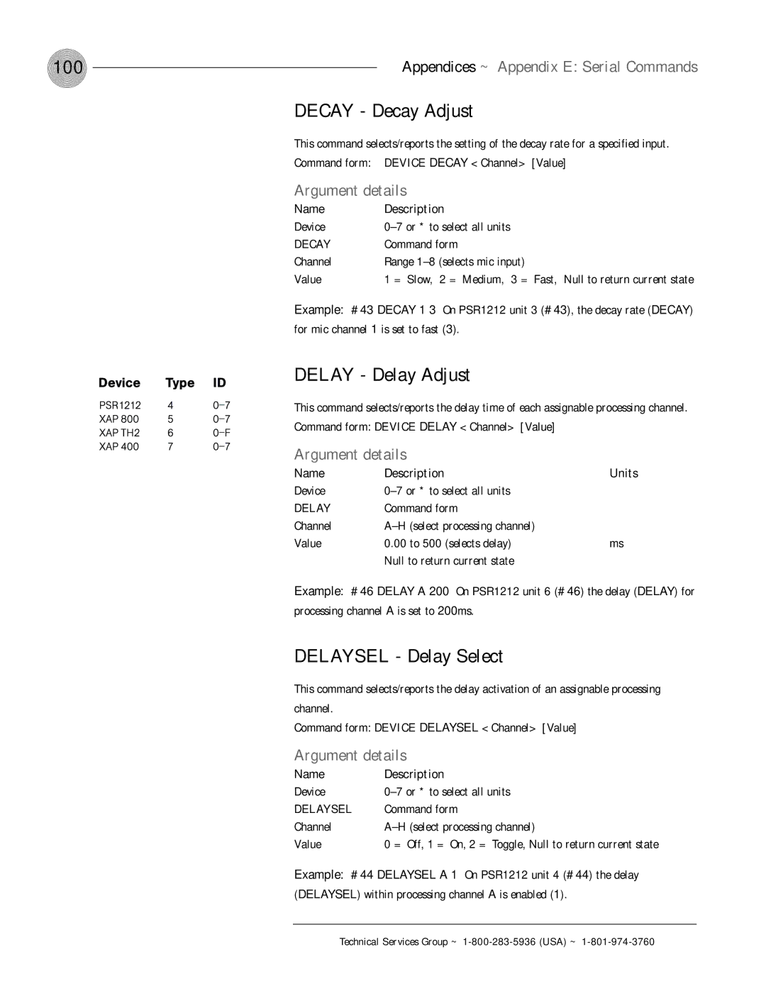 ClearOne comm PSR1212 operation manual 100, Decay Decay Adjust, Delay Delay Adjust, Delaysel Delay Select 