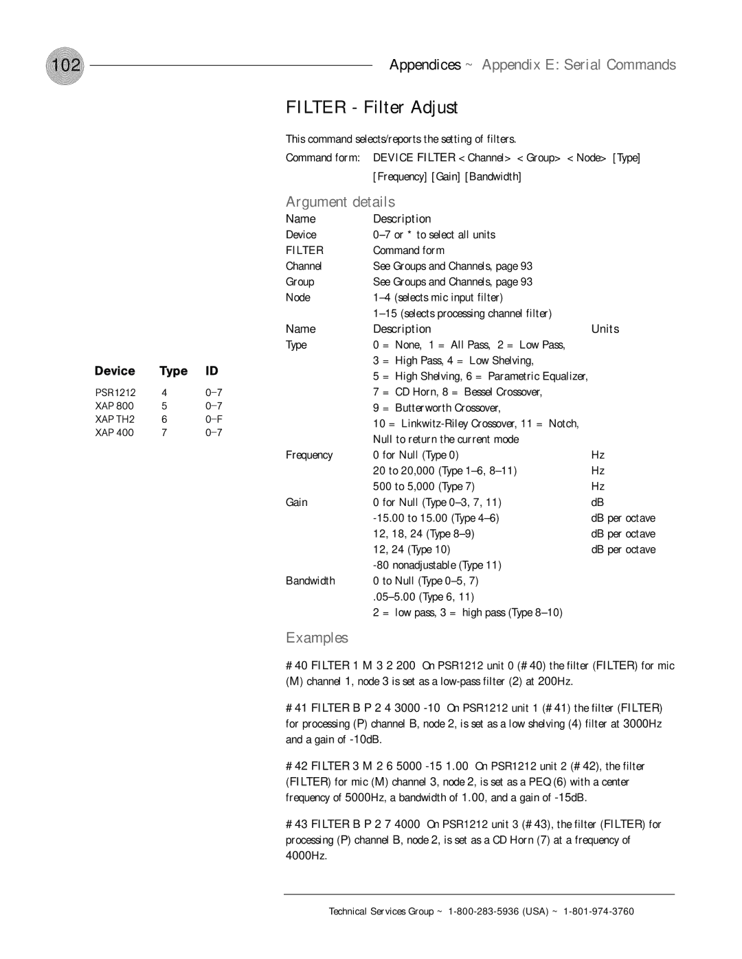 ClearOne comm PSR1212 operation manual 102, Filter Filter Adjust, Examples, Name Description Units, 4000Hz 