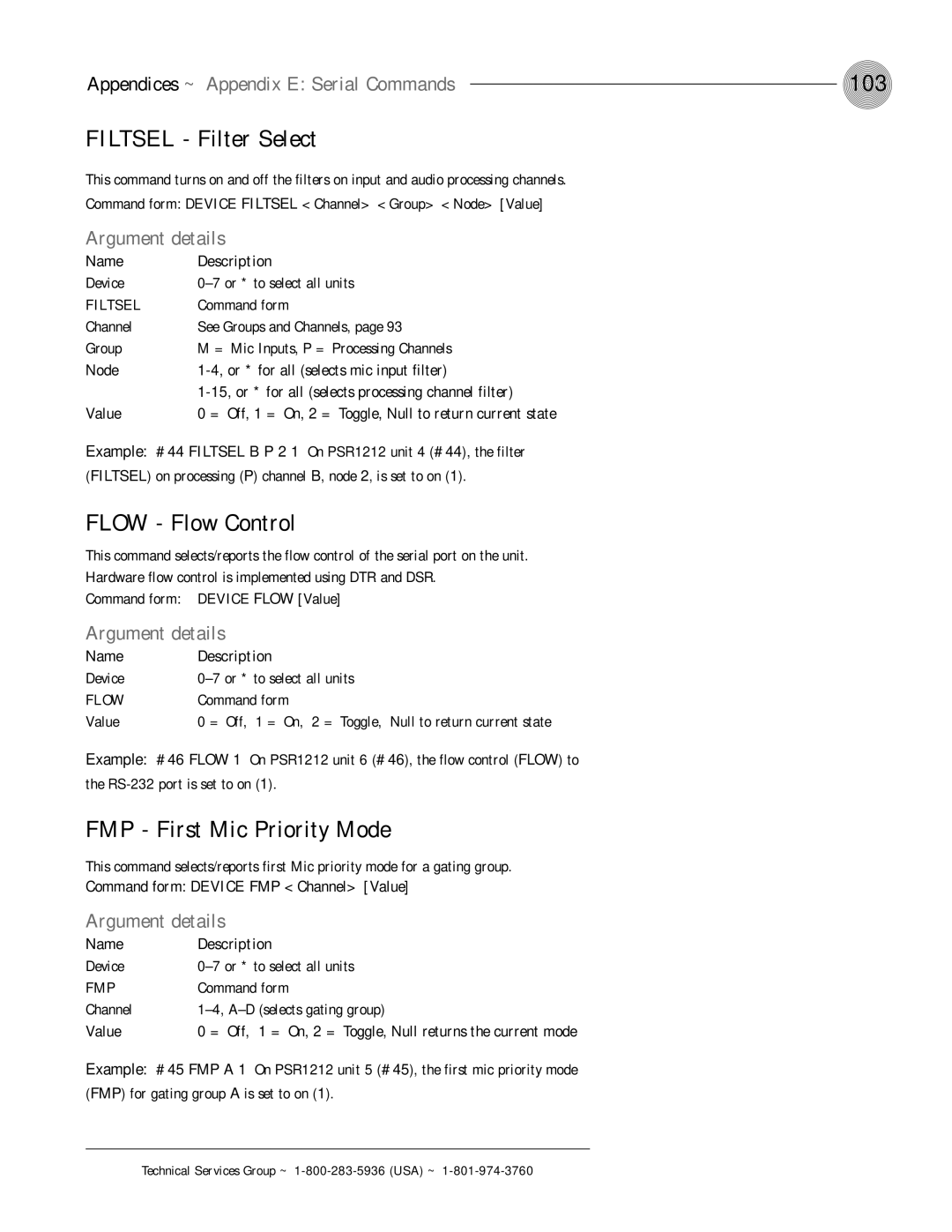 ClearOne comm PSR1212 operation manual 103, Filtsel Filter Select, Flow Flow Control, FMP First Mic Priority Mode 