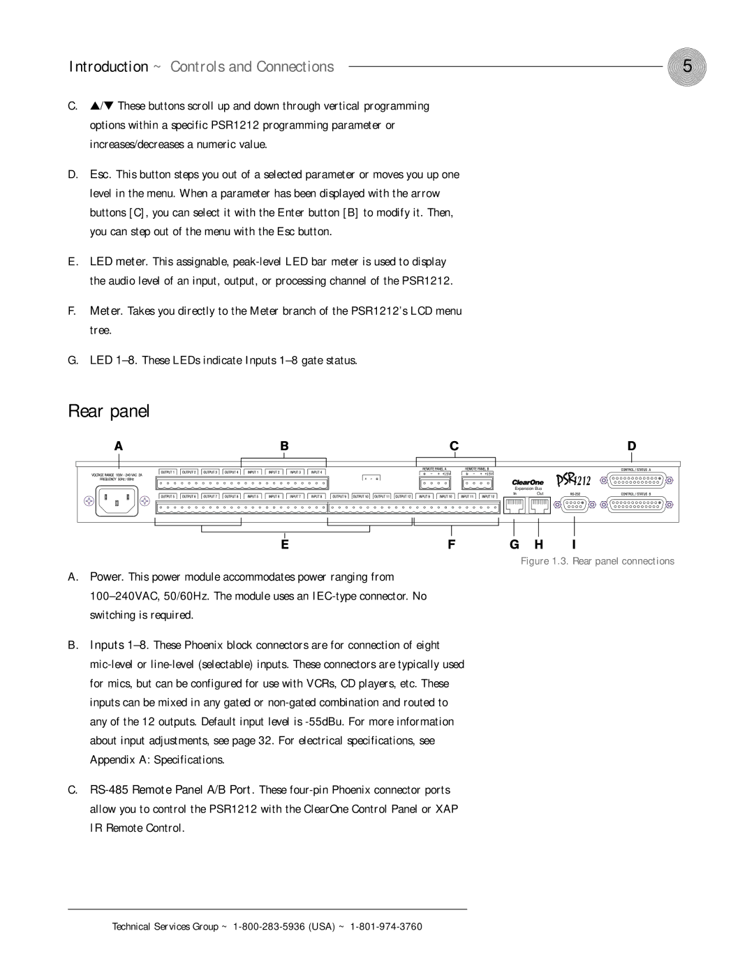 ClearOne comm PSR1212 operation manual Rear panel, Introduction ~ Controls and Connections 